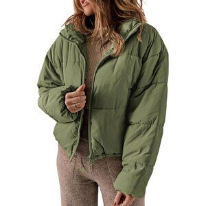 Women’s Green 100% Polyester Warm Zip-Up Classic Quilted Puffer Jacket